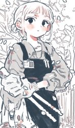 Rule 34 | 0 05kmgrn, 1girl, apron, black apron, blush, collarbone, commentary request, falling petals, gloves, grey gloves, grey shirt, hair bun, highres, holding, limited palette, looking at viewer, original, outdoors, parted lips, partially colored, petals, shirt, short hair, single hair bun, sleeves rolled up, solo, tree