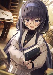 Rule 34 | 1girl, black hair, blue archive, blush, book, brown sweater, glasses, hair between eyes, halo, headband, highres, holding, holding book, jewelry, looking at viewer, necklace, open mouth, purple eyes, purple ribbon, ribbon, skirt, smile, solo, sweater, three quarter view, ui (blue archive), white skirt, xaiqi
