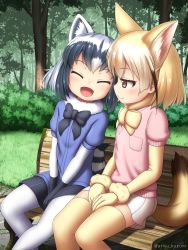 Rule 34 | 10s, 2girls, :3, :d, animal ears, arisu kazumi, bench, between legs, black gloves, black hair, blonde hair, bow, bowtie, brown eyes, bush, commentary request, common raccoon (kemono friends), day, closed eyes, facing another, fennec (kemono friends), forest, fox ears, fox tail, fur collar, gloves, grass, hand between legs, highres, kemono friends, looking at viewer, multicolored hair, multiple girls, nature, open mouth, outdoors, puffy short sleeves, puffy sleeves, raccoon ears, raccoon tail, short sleeves, silver hair, sitting, skirt, smile, tail, thighhighs, tree, twitter username, white legwear, yellow gloves, yellow legwear, |d