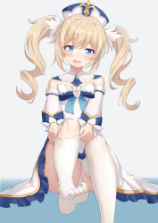 Rule 34 | 1girl, absurdres, barbara (genshin impact), blonde hair, blue eyes, blush, dress, genshin impact, hat, highres, looking at viewer, no shoes, open mouth, sitting, solo, thighhighs, twintails, wavy mouth, white dress, white thighhighs, yansuiyuluo