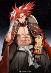 Rule 34 | 1boy, abs, absurdres, alchemy stars, bandaged arm, bandages, bara, bare pectorals, black nails, black pants, chengzibaobaozhu, cross scar, facial hair, feet out of frame, finger to face, goatee, hakama, hakama pants, headband, highres, japanese clothes, kimono, male focus, mature male, mint, multicolored hair, muscular, muscular male, navel, nipples, open clothes, open kimono, orange hair, pants, pectorals, prosthesis, prosthetic arm, scar, scar on chest, short hair, sideburns, sinsa (alchemy stars), smile, solo, stomach, two-tone hair, white hair