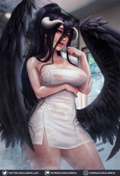 Rule 34 | 1girl, albedo (overlord), black hair, breast hold, breasts, highres, horns, large breasts, long hair, looking at viewer, luminyu, mole, mole on arm, mole on breast, overlord (maruyama), solo, twitter username, watermark, web address, wings