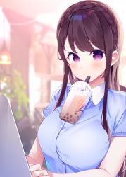 Rule 34 | 1girl, blue shirt, blurry, blurry background, blush, braid, breasts, brown hair, bubble tea, bubble tea challenge, chikuwa., collared shirt, commentary request, computer, cup, depth of field, disposable cup, dress shirt, drinking straw, highres, indoors, laptop, long hair, looking at viewer, medium breasts, object on breast, original, parted lips, purple eyes, shirt, shorts, solo, upper body, very long hair