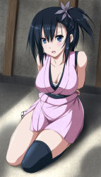Rule 34 | 1girl, arms behind back, bare arms, bare shoulders, bdsm, black hair, black thighhighs, blue eyes, bondage, bound, bound arms, breasts, cleavage, collarbone, commentary, hair ornament, highres, japanese clothes, kimono, large breasts, nori tamago, open mouth, original, sarashi, sash, side ponytail, single thighhigh, sitting, solo, thighhighs, yukata, zettai ryouiki