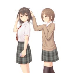 Rule 34 | 2girls, bad id, bad pixiv id, black hair, black legwear, brown eyes, brown hair, cellphone, collared shirt, commentary request, from side, hair ornament, hairclip, hand in another&#039;s hair, highres, long sleeves, looking at another, minagiku, multiple girls, necktie, original, phone, school uniform, shirt, shirt tucked in, short hair, simple background, smartphone, thighhighs, white background, white shirt, zettai ryouiki