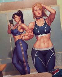 Rule 34 | 2girls, alternate costume, alternate hairstyle, armpits, blonde hair, breasts, brown hair, cammy white, capcom, cellphone, chun-li, facial scar, hand on own hip, hand on own head, high ponytail, highres, jacket, unworn jacket, krystopher decker, medium breasts, multiple girls, navel, official alternate costume, pants, parted lips, pendant choker, phone, ponytail, realistic, scar, scar on cheek, scar on face, selfie, short hair, smartphone, sports bra, stomach, street fighter, street fighter 6, tight clothes, tight pants, toned, v, yoga pants