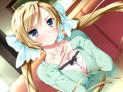 Rule 34 | 1girl, :&lt;, bench, blonde hair, blue eyes, blush, bow, breasts, buttons, cardigan, cleavage, dutch angle, embarrassed, fingernails, frown, game cg, hair bow, hands on own chest, indoors, kamiya maneki, large breasts, long hair, long sleeves, looking at viewer, low twintails, own hands together, painting (object), relations sisterxsister, ribbon, sitting, solo, swept bangs, table, twintails, upper body, very long hair, yamashiro misa