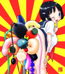 Rule 34 | 1girl, dildo, finger to mouth, large insertion, machino henmaru, multiple insertions, object insertion, one eye closed, open mouth, radial, radial background, school uniform, serafuku, sex toy, solo, too many, too many sex toys, vaginal, vaginal object insertion, vibrator, what