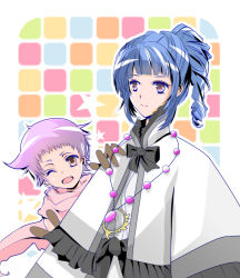 Rule 34 | 2girls, ange serena, blue hair, brown eyes, cape, capelet, dress, frills, gloves, hermana larmo, jewelry, long hair, multiple girls, one eye closed, open mouth, pink hair, ponytail, purple eyes, ribbon, short hair, smile, tales of (series), tales of innocence, v, wink