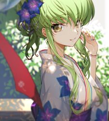 Rule 34 | 1girl, blurry, blurry background, bracelet, c.c., code geass, commentary, creayus, floral print, flower, from side, green hair, hair flower, hair ornament, hand up, japanese clothes, jewelry, kimono, looking at viewer, looking to the side, multicolored nails, obi, parted lips, sash, short ponytail, sidelocks, smile, solo, symbol-only commentary, upper body, wavy hair, yellow eyes
