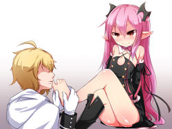 Rule 34 | 10s, 1boy, 1girl, barefoot, feet, holding with feet, foot worship, gothic lolita, hands on feet, holding another&#039;s foot, hyakuya mikaela, krul tepes, lolita fashion, military, military uniform, owari no seraph, pink hair, red eyes, toes, uniform, vampire