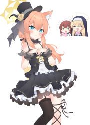 Rule 34 | 3girls, absurdres, animal ear fluff, animal ears, black dress, black headwear, black thighhighs, blonde hair, blue archive, blue eyes, blush, brown hair, closed eyes, closed mouth, dress, feet out of frame, frilled dress, frills, green eyes, hair between eyes, halo, hat, highres, kero-san (kerosan63), long hair, looking at viewer, mari (blue archive), multiple girls, official alternate costume, open mouth, orange hair, simple background, single thighhigh, sisterhood member (blue archive), smile, thighhighs, top hat, trinity student (blue archive), white background, wrist cuffs, yellow halo