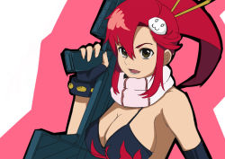 Rule 34 | 00s, 1girl, :3, :d, anti-materiel rifle, asymmetric gloves, asymmetrical gloves, bikini, black bikini, bra, breasts, brown eyes, cleavage, fingerless gloves, flame print, gloves, gun, hair between eyes, hair ornament, hair stick, holding, holding gun, holding weapon, large breasts, lingerie, long hair, open mouth, ponytail, red hair, rifle, roony, scarf, shorts, smile, sniper rifle, solo, striped clothes, striped scarf, swimsuit, tengen toppa gurren lagann, underwear, uneven gloves, upper body, weapon, yellow eyes, yoko littner