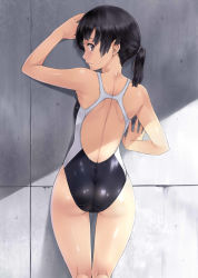 Rule 34 | 1girl, :o, against wall, arm up, armpits, ass, back cutout, backless outfit, bare shoulders, black eyes, black hair, black one-piece swimsuit, blush, clenched teeth, clothing cutout, competition swimsuit, cowboy shot, day, from behind, highres, kneepits, looking back, nagayori, one-piece swimsuit, original, parted lips, ponytail, shiny skin, short hair, short ponytail, skin tight, solo, stone wall, sunlight, swimsuit, teeth, wall
