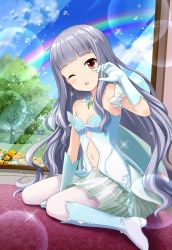 Rule 34 | 1girl, absurdres, alternative girls, artist request, blunt bangs, breasts, brown eyes, cleavage, dress, gloves, grey hair, highres, hiiragi tsumugi, lens flare, lens flare abuse, long hair, navel, official art, one eye closed, pantyhose, rainbow, small breasts, solo, tears, water, white gloves, white pantyhose, window