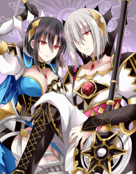Rule 34 | 1boy, 1girl, axe, black gloves, black hair, blue dress, breasts, brother and sister, cleavage, closed mouth, collarbone, commentary request, dress, fingernails, fire emblem, fire emblem engage, gloves, gold trim, grey hair, hair over one eye, highres, holding, holding axe, holding weapon, jewelry, kirishima riona, large breasts, looking at viewer, necklace, nel (fire emblem), nintendo, one eye covered, pants, rafal (fire emblem), red eyes, shirt, short hair, siblings, sitting, weapon, white pants, white shirt, white sleeves