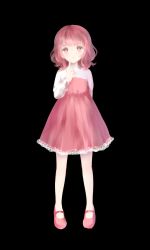 Rule 34 | 1girl, bad id, bad pixiv id, black background, blush, copyright request, dreaming mary, dress, long sleeves, mary (dreaming mary), mary janes, ottmi, pink eyes, pink hair, shoes, short hair, solo