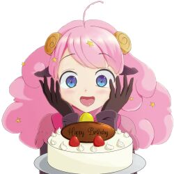 Rule 34 | 1girl, ahoge, animal ears, asymmetrical bangs, bell, birthday, birthday cake, black gloves, blue eyes, blush, cake, commentary request, curly hair, dress, food, fruit, gloves, hands on own cheeks, hands on own face, hands up, happy, happy birthday, highres, horns, koneko2000, long hair, looking at viewer, moa (show by rock!!), open mouth, pink dress, pink hair, plate, portrait, puffy short sleeves, puffy sleeves, sheep ears, sheep girl, sheep horns, short sleeves, show by rock!!, simple background, solo, strawberry, tongue, tongue out, whipped cream, white background