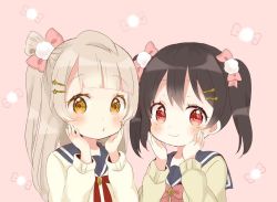 Rule 34 | 10s, 2girls, :o, bad id, bad twitter id, black hair, blunt bangs, blush, bow, brown eyes, grey hair, hair bow, hair ornament, hairpin, hands on own cheeks, hands on own face, hiyoko (hycandy), long sleeves, looking at viewer, love live!, love live! school idol project, minami kotori, multiple girls, neck ribbon, one side up, pink background, pom pom (clothes), red eyes, red neckwear, ribbon, school uniform, serafuku, smile, twintails, upper body, yazawa nico