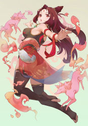 Rule 34 | 1girl, arm ribbon, ass, barefoot, bindi, brown hair, chinese clothes, crop top, fox, hair horns, highres, jewelry, long hair, looking back, necklace, original, outstretched arms, petals, red eyes, ribbon, see-through, shop p, spirits, thighhighs, toeless legwear, toes, waist cape