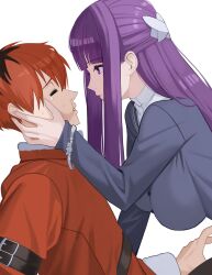 Rule 34 | 1boy, 1girl, black hair, breasts, closed eyes, ddog, fern (sousou no frieren), large breasts, looking at another, multicolored hair, purple hair, red hair, simple background, sousou no frieren, stark (sousou no frieren), twitter, two-tone hair, white background