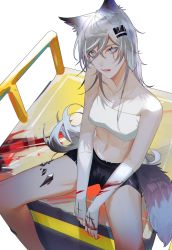 Rule 34 | 1girl, 3o c, absurdres, animal ears, arknights, bandeau, bare legs, bare shoulders, black shorts, blood, breasts, commentary, fingerless gloves, gloves, grey eyes, hair between eyes, hair ornament, hairclip, highres, lappland (arknights), long hair, looking at viewer, material growth, medium breasts, midriff, navel, oripathy lesion (arknights), parted lips, scar, scar across eye, scar on face, short shorts, shorts, silver hair, sitting, solo, stomach, strapless, tail, thighs, tube top, very long hair, white background, white gloves, wolf ears, wolf tail