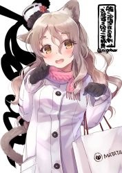 Rule 34 | 1girl, animal ears, bag, black gloves, blush, brown eyes, brown hair, cat ears, cat tail, clenched hands, fang, gloves, hat, kantai collection, long hair, mini hat, n:go, open mouth, pola (kancolle), shopping bag, simple background, smile, solo, tail, twitter username, wavy hair, white background, white hat
