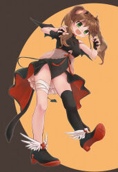 Rule 34 | 1girl, :d, absurdres, ahoge, alternate costume, alternate hairstyle, arrow print, bandaged leg, bandages, black dress, black footwear, black gloves, black thighhighs, blush, boots, breasts, brown background, brown hair, commentary request, covered navel, cross ornament, cross print, demon horns, demon tail, demon wings, dress, fake horns, fake tail, fake wings, fang, fingerless gloves, flower, foreshortening, from below, full body, gloves, gluteal fold, green eyes, hair between eyes, hair flower, hair ornament, halloween costume, hands up, highleg, highleg dress, highres, horns, kanbe kotori, legs, long hair, looking at viewer, medium breasts, open mouth, orange background, paw pose, pink flower, red ribbon, rewrite, ribbon, sakura emi, simple background, smile, solo, standing, standing on one leg, tail, thighhighs, thighs, twintails, two-tone background, v-shaped eyebrows, wavy hair, wing ornament, wings