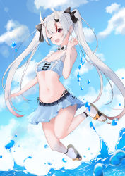 Rule 34 | absurdres, bikini, blue bikini, collarbone, commentary request, frilled bikini, frills, full body, hair between eyes, hair ribbon, highres, hololive, horns, jumping, long hair, looking at viewer, lows., nakiri ayame, nakiri ayame (hololive summer 2019), navel, one eye closed, open mouth, ribbon, sandals, silver hair, skin-covered horns, stomach, swimsuit, twintails, virtual youtuber