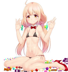 Rule 34 | 1girl, bikini, black bikini, blush, candy, closed mouth, detached collar, flat chest, food, futaba anzu, hands up, high heels, highres, holding, holding candy, holding food, idolmaster, idolmaster cinderella girls, long hair, looking at viewer, low twintails, navel, red footwear, shoes, side-tie bikini bottom, simple background, sitting, smile, solo, swimsuit, taka (takahirokun), tareme, twintails, wariza, white background
