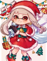 Rule 34 | 1girl, aoaza 83, bell, blunt bangs, bow, braid, capelet, christmas, christmas stocking, christmas tree, closed mouth, commentary, dress, earrings, fang, fur-trimmed capelet, fur-trimmed dress, fur trim, gift, green bow, grey hair, hair tie, hat, highres, holding, holding sack, inkling, inkling girl, inkling player character, jewelry, long hair, looking at viewer, medium dress, neck bell, nintendo, over shoulder, pointy ears, red capelet, red dress, red eyes, red footwear, red hat, sack, santa dress, santa hat, shoes, side braid, smile, solo, splatoon (series), standing, star (symbol), star earrings, string of flags, tentacle hair