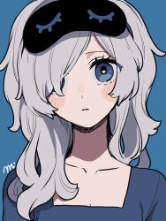 Rule 34 | 1girl, blue background, blue eyes, blush stickers, eyewear on head, hair over one eye, highres, long hair, looking at viewer, maco22, original, parted lips, portrait, sleep mask, solo, square neckline, white hair