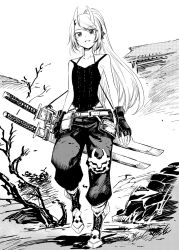 Rule 34 | 1girl, alternate costume, belt, belt pouch, boots, breasts, casual, collarbone, commentary, eyelashes, fingerless gloves, full body, gloves, greyscale, grin, highres, hololive, horns, katana, kurose kousuke, long hair, looking at viewer, monochrome, nakiri ayame, outdoors, pants, ponytail, pouch, scabbard, sheath, sheathed, shirt, skin-covered horns, sleeveless, sleeveless shirt, small breasts, smile, solo, sword, virtual youtuber, walking, weapon, weapon on back