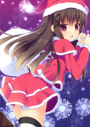 Rule 34 | 1girl, blush, boots, brown hair, christmas, gloves, hat, long hair, looking at viewer, looking back, megarisu, open mouth, red eyes, sack, santa costume, santa hat, skirt, solo, thighhighs, white thighhighs