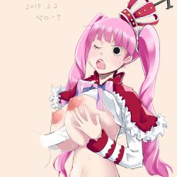 Rule 34 | 10s, 1girl, 2015, blunt bangs, breasts, character name, clothes lift, crown, cum, dated, himegami, huge breasts, lipstick, long hair, makeup, nipples, one piece, open mouth, paizuri, penis, perona, pink hair, shirt lift, solo focus, sweat, uncensored, very long hair