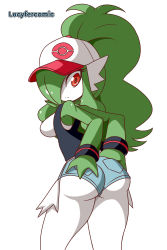 Rule 34 | 1girl, absurdres, artist name, ass, breasts, casual, colored skin, cosplay, creatures (company), female focus, full body, game freak, gardevoir, gen 3 pokemon, green hair, hair over one eye, hand on ass, highres, hilda (pokemon) (cosplay), looking back, lucyfer, nintendo, pokemon, pokemon bw, ponytail, red eyes, short shorts, shorts, solo, standing, tank top, vest, white skin, wristband