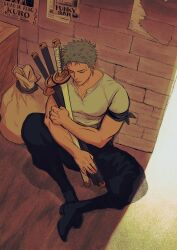 Rule 34 | 1boy, against wall, bandana around arm, black footwear, black pants, boots, box, closed eyes, closed mouth, earrings, green hair, highres, holding, holding sword, holding weapon, jewelry, male focus, muscular, muscular male, nok (nok 1), on ground, one piece, outdoors, pants, roronoa zoro, sack, scar, sheath, sheathed, shirt, short hair, sleeping, solo, sword, weapon, white shirt