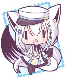 Rule 34 | 1girl, animal ear fluff, animal ears, bag, blush, braid, chibi, commentary request, dress, earrings, fox ears, fox girl, fox tail, hair between eyes, hair ornament, hat, holding, holding letter, hololive, jewelry, kurasesu, letter, long hair, looking at viewer, open mouth, peaked cap, shirakami fubuki, shoulder bag, sidelocks, simple background, single braid, solo, star (symbol), star hair ornament, tail, virtual youtuber, white background, white dress, white hair, | |