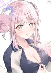 Rule 34 | 1girl, artist logo, blue archive, blue jacket, blush, breasts, cleavage, collarbone, commentary request, double bun, eyelashes, fingernails, flower, frilled ribbon, frills, gym uniform, hair bun, hair flower, hair ornament, hair ribbon, hair scrunchie, halo, handkerchief, highres, holding, holding handkerchief, jacket, large breasts, looking at viewer, low wings, mika (blue archive), open mouth, parted bangs, partially unzipped, pink hair, pink halo, print jacket, purple flower, purple scrunchie, ribbon, scrunchie, simple background, smile, solo, sweat, tounooji (akiomeromisa), track jacket, upper body, white background, white ribbon, white wings, wings, yellow eyes