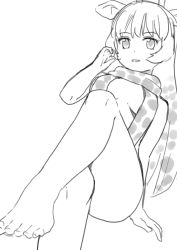 Rule 34 | 1girl, animal ears, animal print, bare arms, bare legs, barefoot, breasts, commentary request, crossed legs, feet, giraffe ears, giraffe print, greyscale, highres, kemono friends, legs, looking at viewer, medium breasts, monochrome, murakami kou (raye), parted lips, print scarf, print swimsuit, reticulated giraffe (kemono friends), scarf, sitting, sketch, slingshot swimsuit, smile, solo, swimsuit