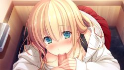 Rule 34 | 1girl, :&gt;=, ayase hazuki, blonde hair, blush, breasts, censored, chobipero, eyebrows, fellatio, fingernails, game cg, green eyes, indoors, long fingernails, long hair, long sleeves, looking at viewer, mosaic censoring, oral, penis, pov, red skirt, sitting, skirt, solo focus, sweater, white sweater, zannen na ane to no love comedy