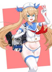 Rule 34 | 1girl, absurdres, bad id, bad pixiv id, blonde hair, blue eyes, blue sailor collar, elbow gloves, fang, gloves, hair between eyes, hair ribbon, hat, highres, last origin, liilo, long hair, looking at viewer, navel, open mouth, panties, ribbon, sailor collar, sailor hat, smile, solo, striped clothes, striped panties, thetis (last origin), thighs, twintails, underwear