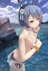 Rule 34 | 1girl, absurdres, ass, azur lane, bad id, bad pixiv id, bare shoulders, bikini, blue hair, breasts, choker, cleavage, collarbone, cross, cross necklace, day, flower, gascogne (azur lane), gascogne (tropical environs acclimation service equipment) (azur lane), gascogne (tropical environs acclimation service equipment) (azur lane), hair flower, hair ornament, headgear, highres, huge filesize, jewelry, looking at viewer, medium breasts, navel, necklace, outdoors, ponyaru, scrunchie, short hair, solo, swimsuit, wading, white bikini, wrist scrunchie, yellow eyes