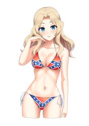 Rule 34 | 1girl, absurdres, artist request, bikini, blonde hair, blue eyes, breasts, cleavage, confederate flag, confederate flag bikini, confederate states of america, girls und panzer, highres, kay (girls und panzer), large breasts, looking at viewer, midriff, smile, solo, source request, swimsuit, transparent background