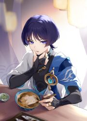Rule 34 | 1boy, absurdres, black gloves, black shirt, bowl, commentary request, ddxls, fish, food, genshin impact, gloves, highres, holding, holding spoon, looking at viewer, male focus, no headwear, parted lips, purple eyes, purple hair, scaramouche (genshin impact), shirt, short hair, solo, soup, spoon, upper body, wanderer (genshin impact), white shirt
