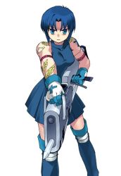 Rule 34 | 1girl, bare shoulders, blue dress, blue eyes, blue footwear, blue hair, blue thighhighs, boots, breasts, ciel (tsukihime), cowboy shot, dress, huge weapon, ishida akira, melty blood, pile bunker, pleated dress, powered ciel, serious, seventh holy scripture, short hair, sleeveless, sleeveless dress, small breasts, solo, tattoo, thigh boots, thighhighs, tsukihime, weapon, white background, zettai ryouiki
