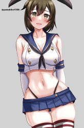 Rule 34 | arms behind back, black hairband, black neckerchief, black panties, blue sailor collar, blue skirt, breasts, brown eyes, brown hair, cosplay, crop top, elbow gloves, gloves, gluteal fold, grey background, hairband, highleg, highleg panties, highres, hiryuu (kancolle), kantai collection, large breasts, looking at viewer, microskirt, miniskirt, mizuki (uzuki no sato), neckerchief, one side up, panties, pleated skirt, sailor collar, shimakaze (kancolle), shimakaze (kancolle) (cosplay), shirt, short hair, skirt, sleeveless, sleeveless shirt, smile, striped clothes, striped thighhighs, thigh gap, thighhighs, twitter username, underwear, white gloves