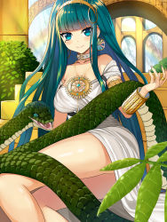 Rule 34 | 1girl, alternate costume, asato (fadeless), bare shoulders, breasts, choker, cleopatra (fate), cleopatra (third ascension) (fate), earrings, fate/grand order, fate (series), green eyes, green hair, highres, jewelry, large breasts, long hair, looking at viewer, matching hair/eyes, necklace, rainbow, ring, smile, snake, solo, wrist guards