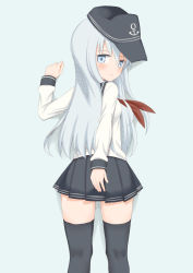 Rule 34 | 10s, 1girl, anchor, blush, closed mouth, cowboy shot, from behind, hat, hibiki (kancolle), kantai collection, long hair, long sleeves, looking at viewer, looking back, simple background, skirt, solo, standing, toshishikisai