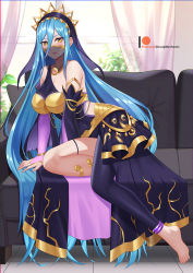 Rule 34 | 1girl, alternate breast size, alternate costume, azura (fire emblem), barefoot, blue hair, blush, breasts, chungmechanic, couch, detached sleeves, fire emblem, fire emblem fates, fire emblem heroes, frown, hair between eyes, highres, indoors, large breasts, light blue hair, long hair, long sleeves, looking at viewer, mouth veil, nintendo, see-through, solo, veil, very long hair, yellow eyes